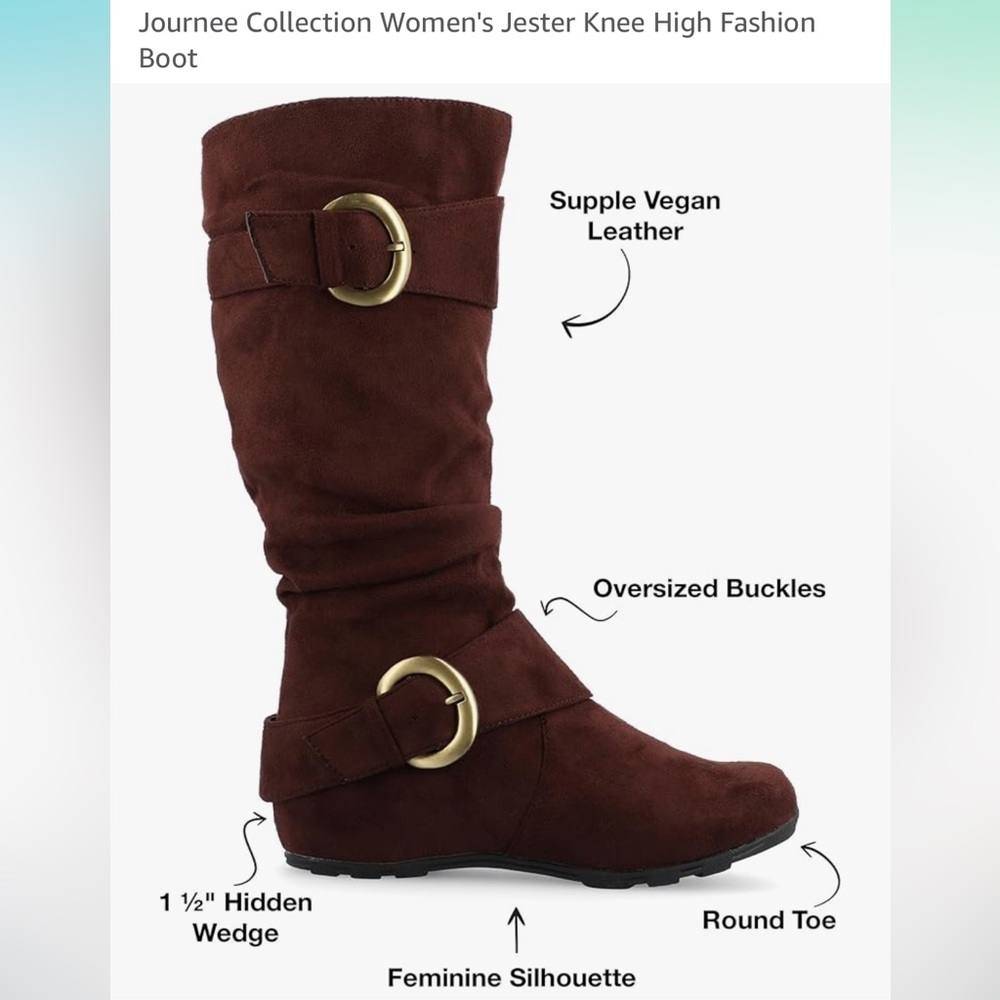 Journee Collection faux suede brown jester boots w/oversized gold/brass buckles - Picture 1 of 11
